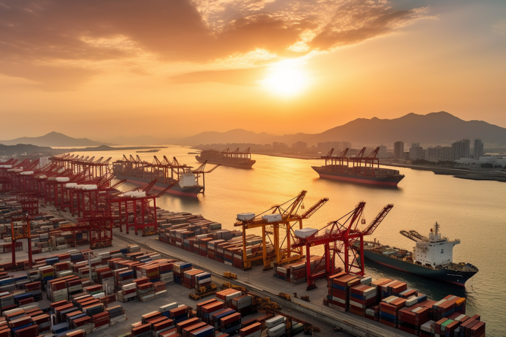 a bustling Chinese port with a skyline filled with towering cargo ships of various types, including bulk carriers, tankers, container ships, and gas carriers, backdrop of a vibrant sunset, bustling activity at the port, cranes loading and unloading cargo containers, trucks transporting goods