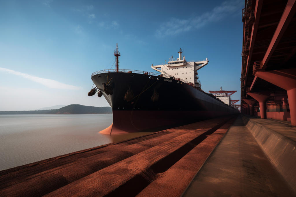 A bulk carrier docked next to a conveyor belt transporting iron ore